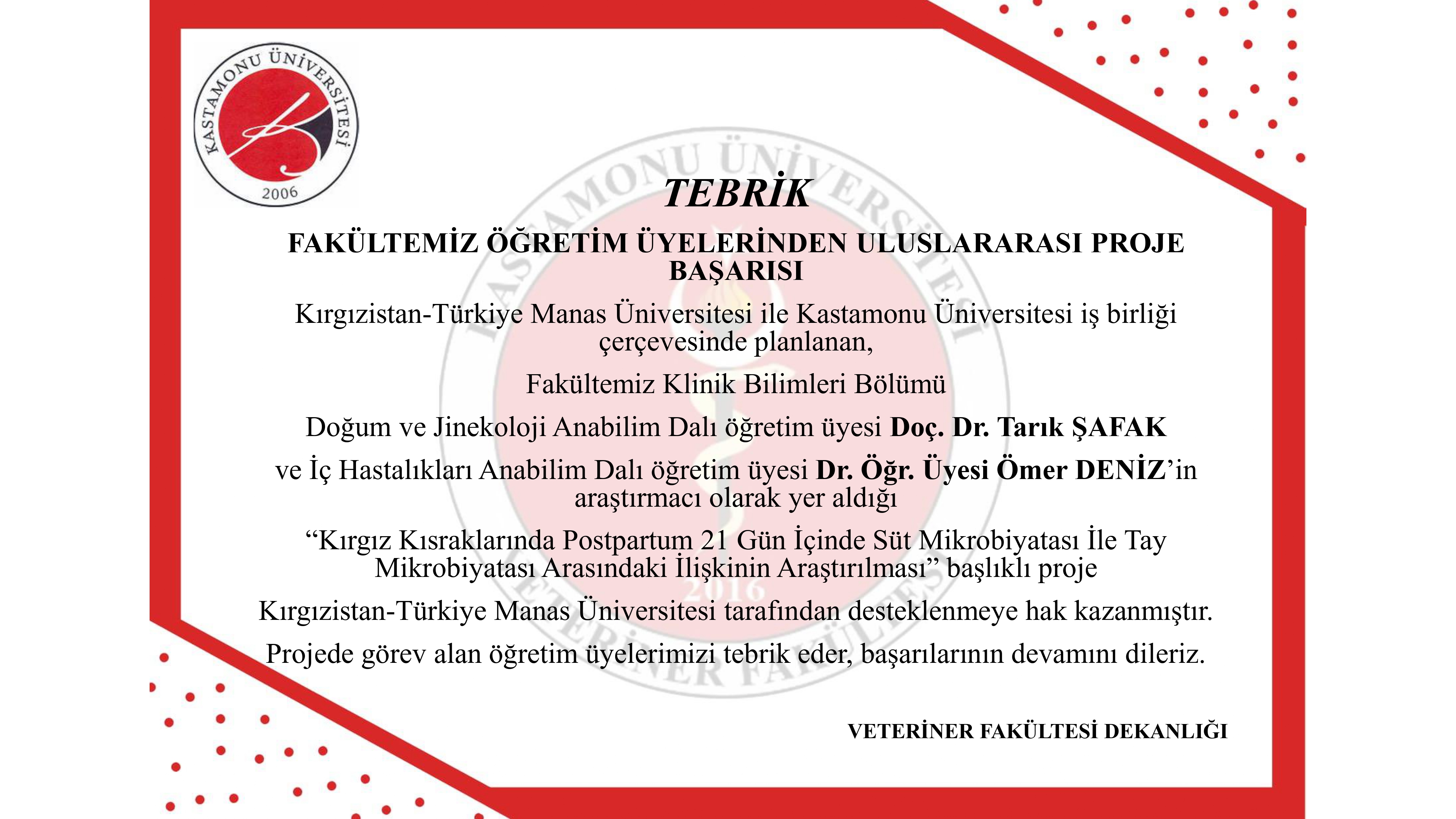FAKÜLTEMİZ ÖĞRETİM ÜYELERİNDEN ULUSLARARASI PROJE BAŞARISI